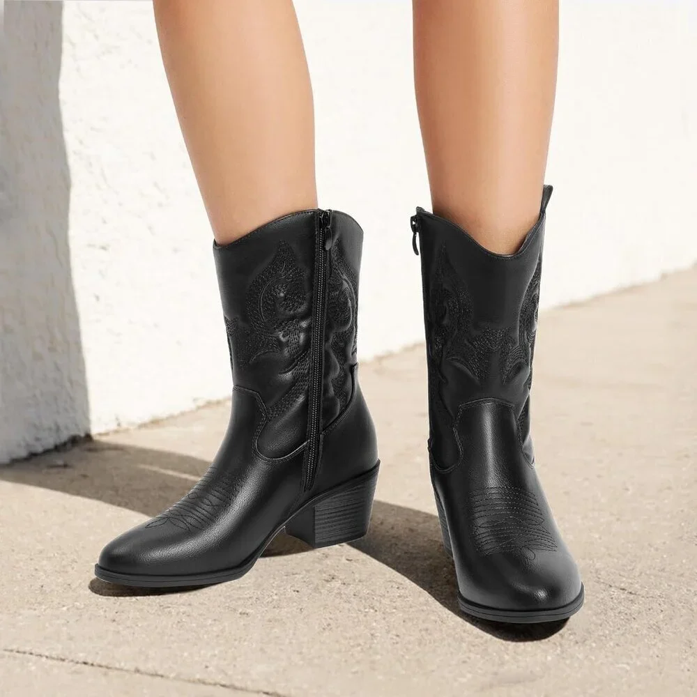 🆕Women All Black Suede leather Embroidered Country Heel Pointed Toe Boot